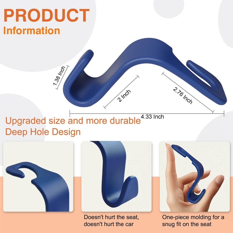 KULOLO Car Seat Hooks & Purse Holder - 4 Pack Boxed,55 lb Heavy Duty,Eco PP Car Hooks for Purse/Bag/Baby Gear/Gym Bag/Groceries/Cup/,Fits 0.32-0.55”Car Headrest Rods (Dark Blue) - Image 2